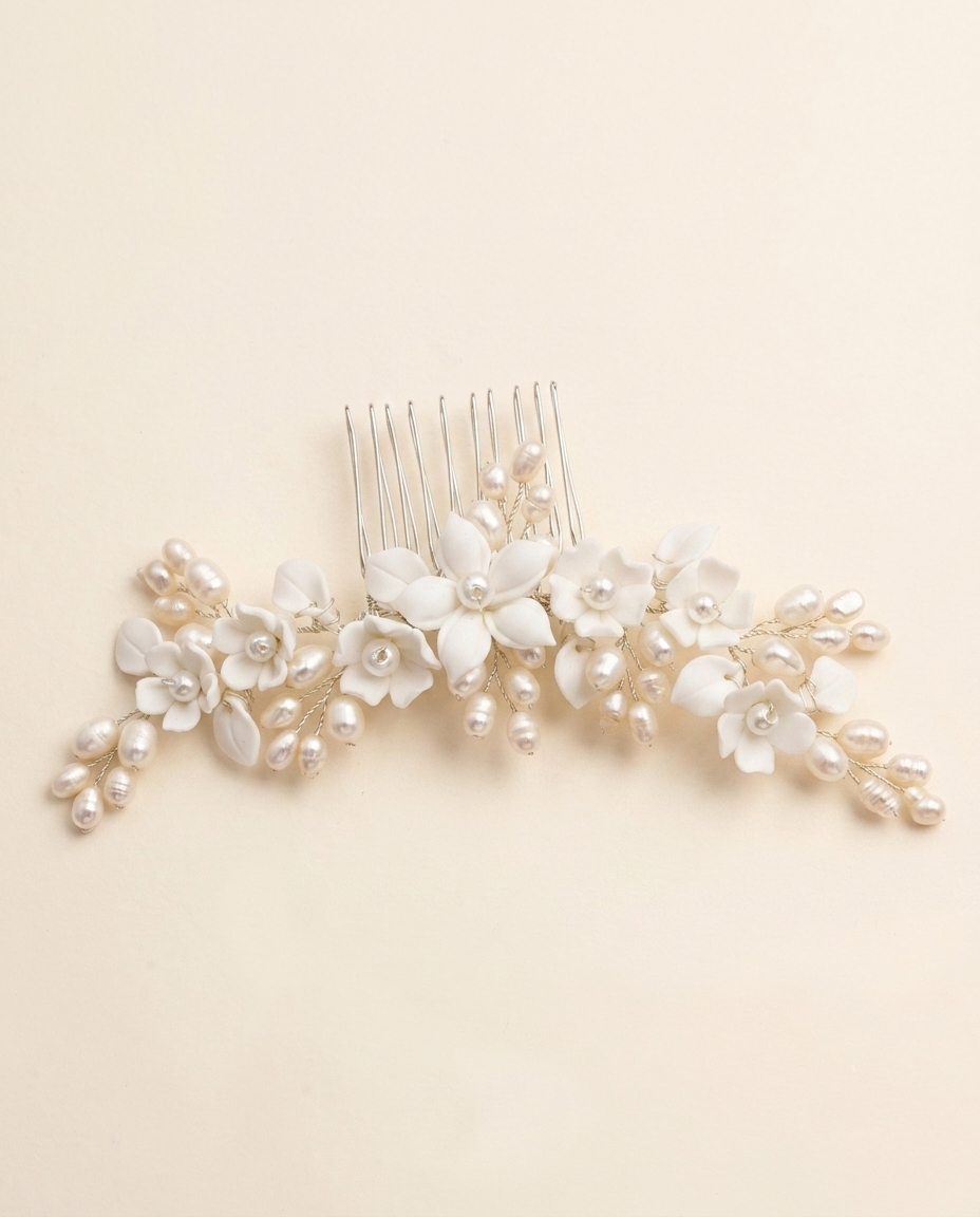 A decorative hair comb with white flowers and pearls on it.