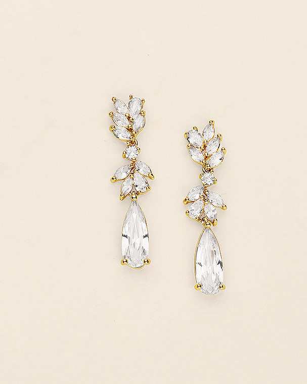 a pair of gold tone earrings with clear stones