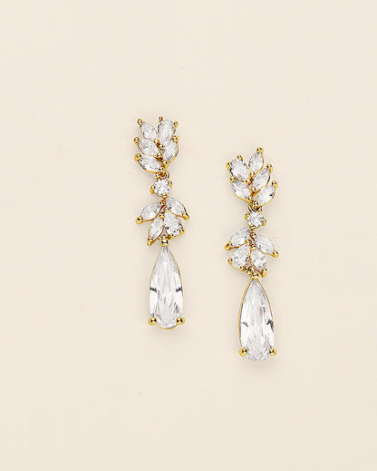 a pair of gold tone earrings with clear stones