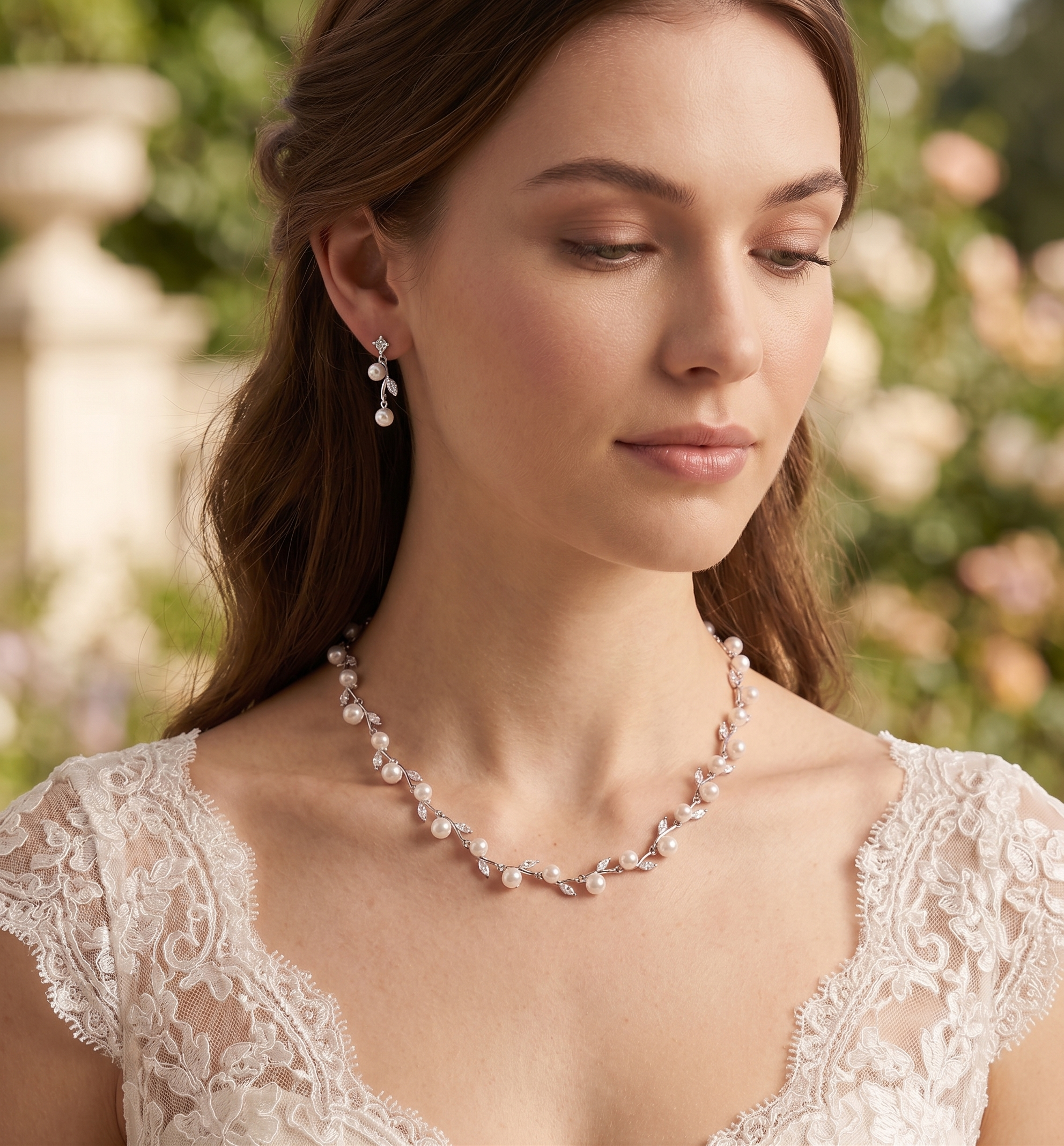 A woman wearing a white lace dress and a pearl necklace stands in front of a garden with greenery in the background.