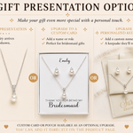 The image is a gift presentation option guide for a bridesmaid gift, featuring three different gift options: a standard presentation, an upgrade to a customized card, and an upgrade to a personalized keepsake pouch.