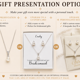 The image is a gift presentation option guide for a bridesmaid gift, featuring three different gift options: a standard presentation, an upgrade to a customized card, and an upgrade to a personalized keepsake pouch.