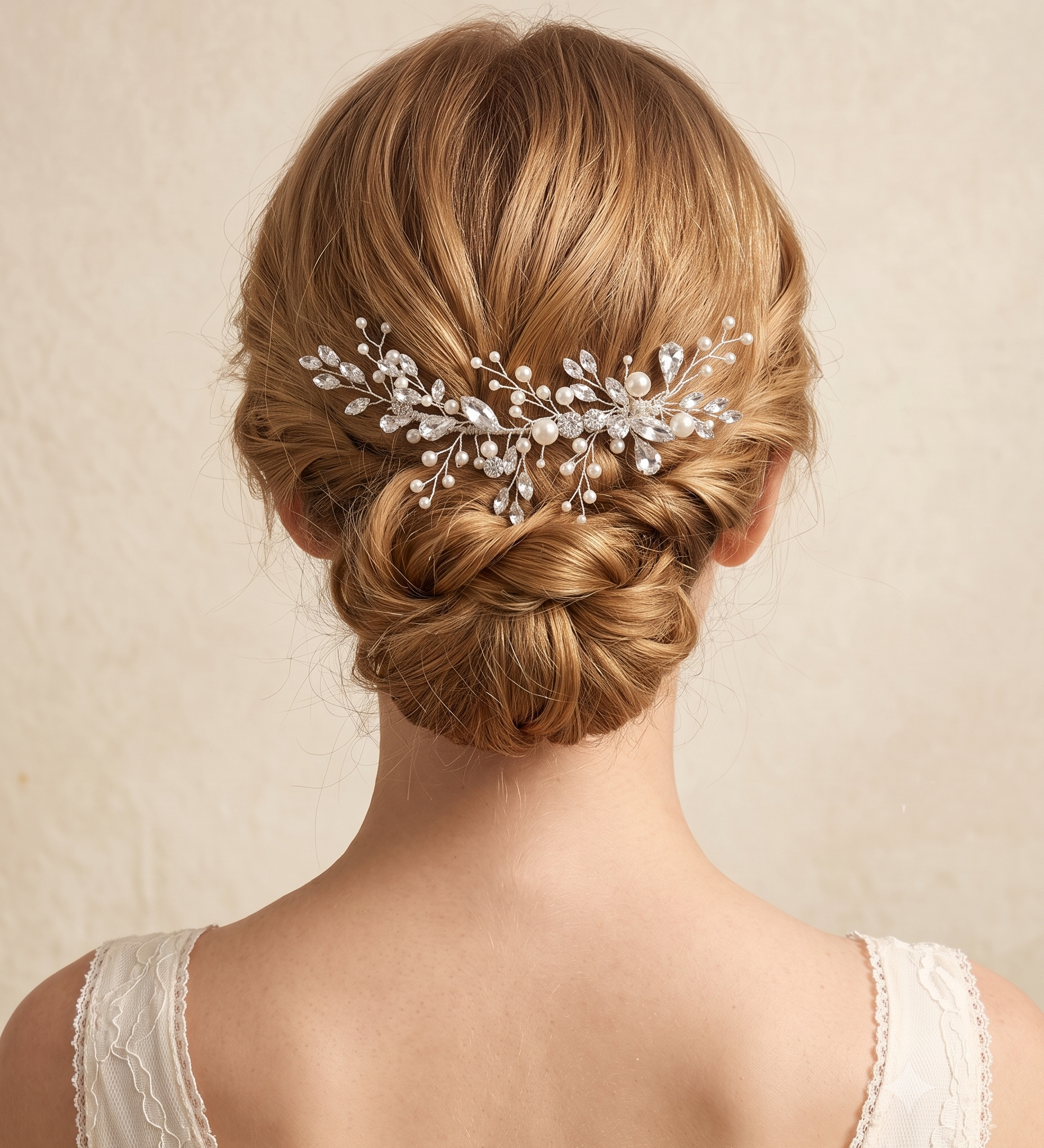 the back view of a woman's head, focusing on her hair and the decorative hair accessory she is wearing.