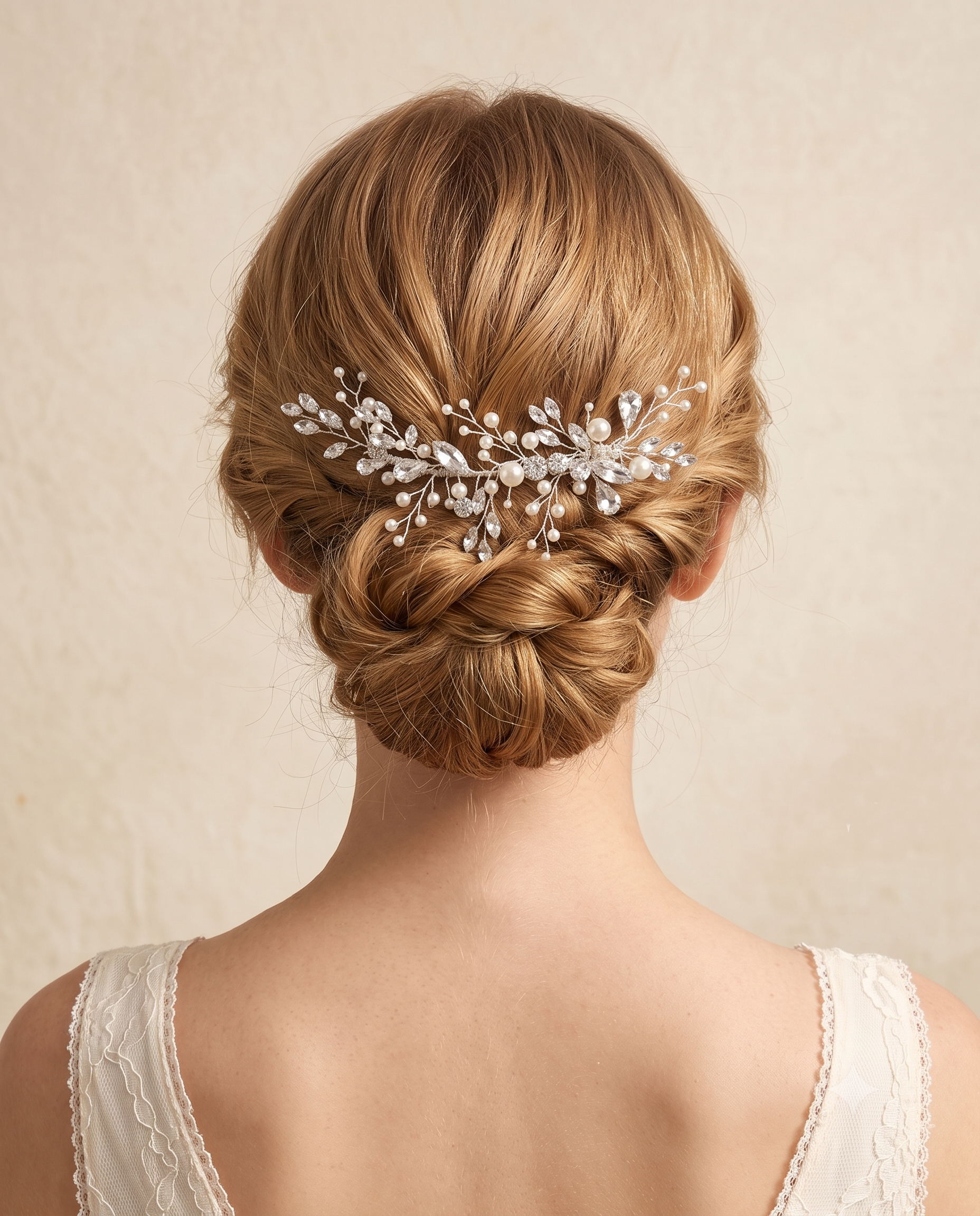 the back view of a woman's head, focusing on her hair and the decorative hair accessory she is wearing.