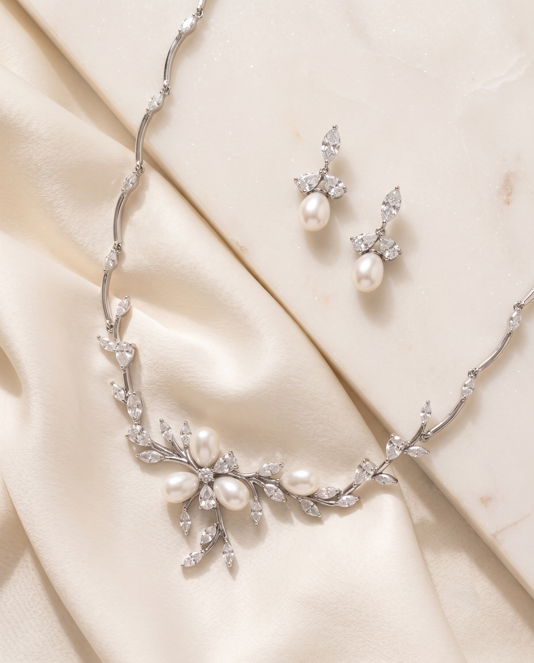 A necklace and earrings set made of white pearls and diamonds, placed on a white fabric background.