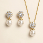 A set of elegant pearl and diamond jewelry, including earrings and a necklace, displayed against a light background.