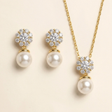 A set of elegant pearl and diamond jewelry, including earrings and a necklace, displayed against a light background.