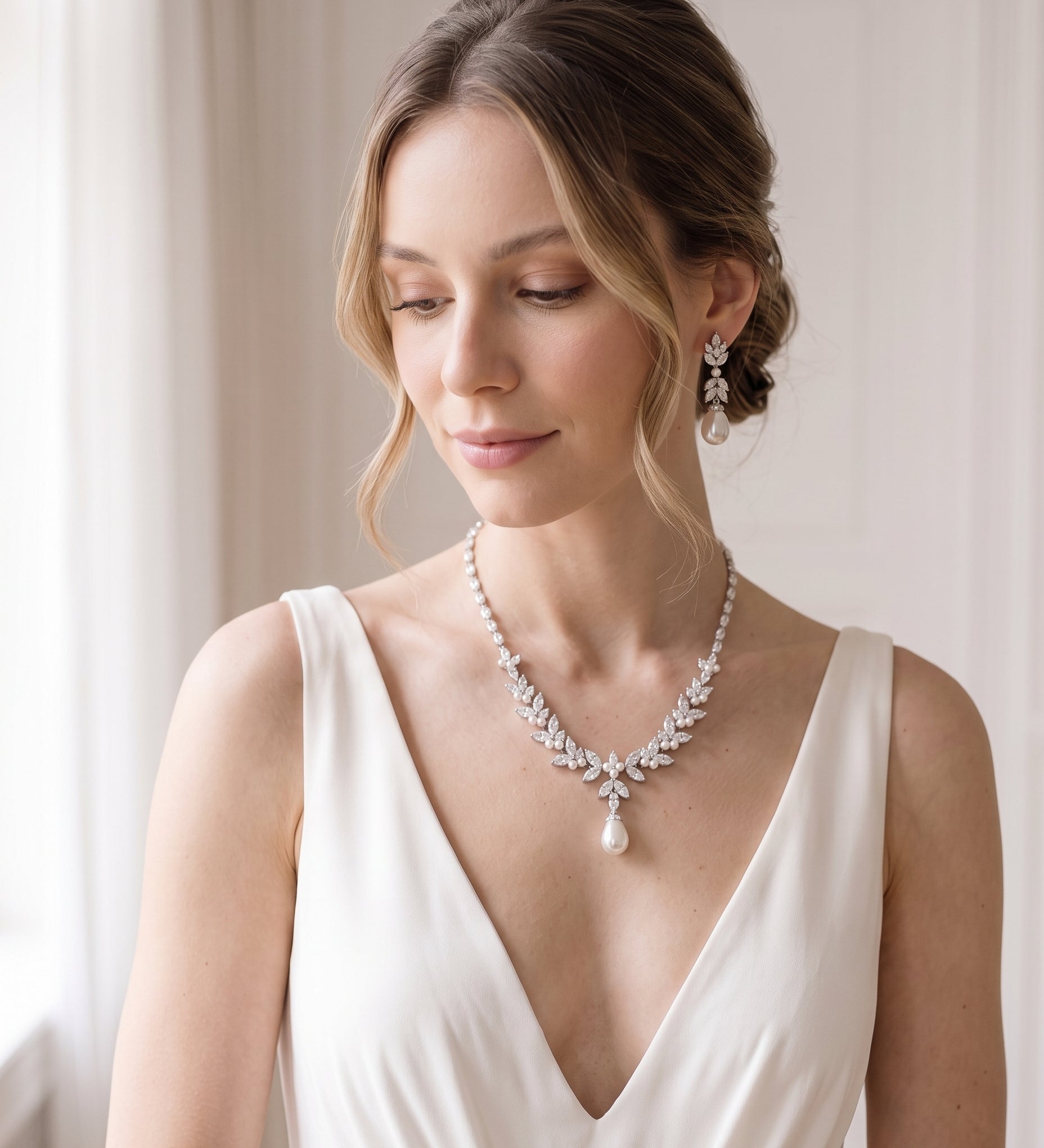 A woman wearing a white dress and a necklace with a pendant stands in front of a window.