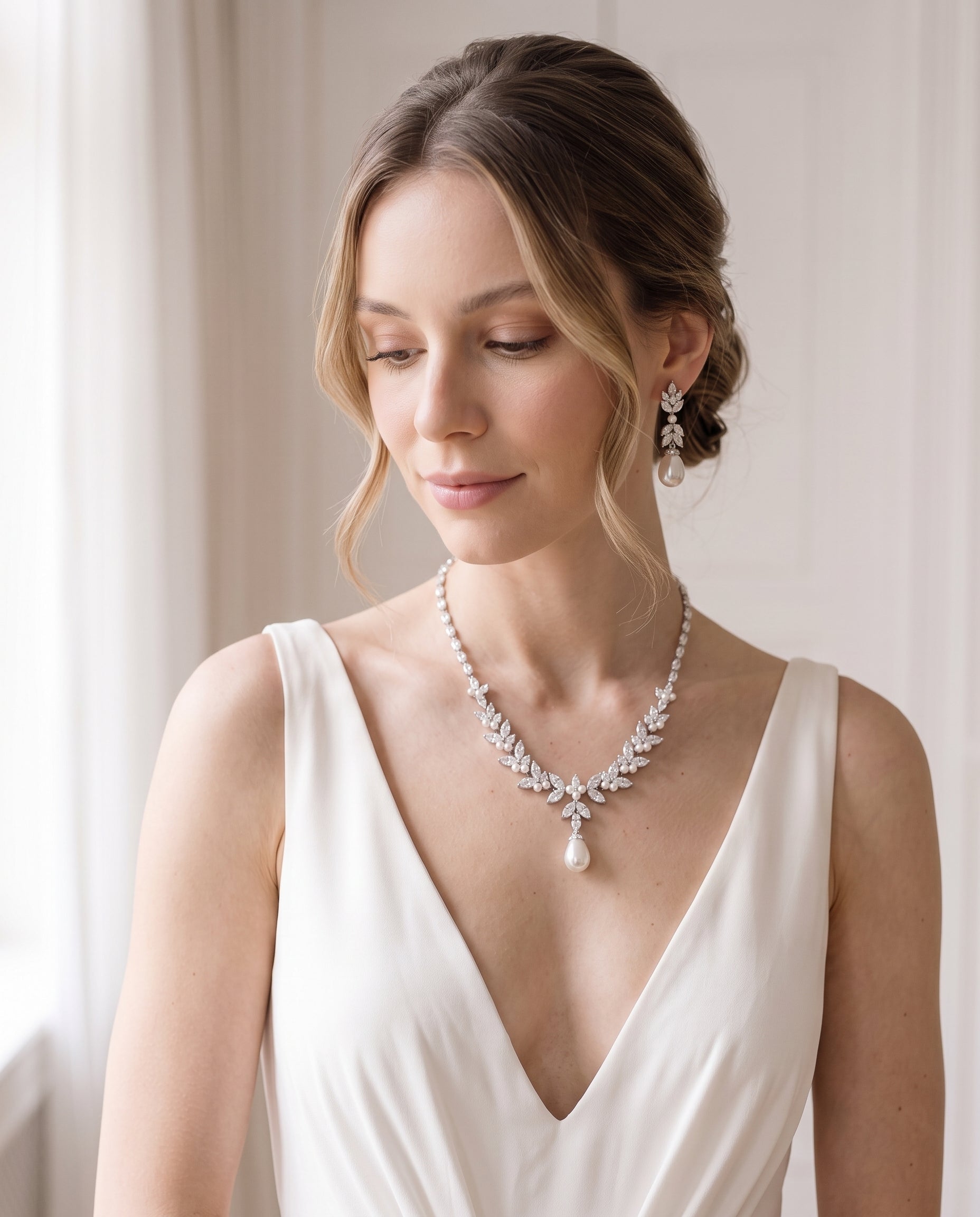 A woman wearing a white dress and a necklace with a pendant stands in front of a window.