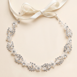 A delicate necklace with a white ribbon and a floral design, featuring small, sparkling crystals.
