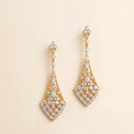 a pair of elegant gold earrings adorned with numerous sparkling diamonds.