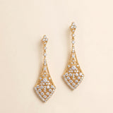 a pair of elegant gold earrings adorned with numerous sparkling diamonds.