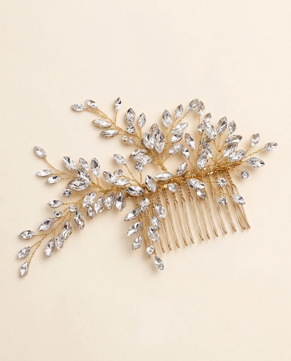 A gold hairbrush adorned with a branch of clear crystal or gemstone-like stones.