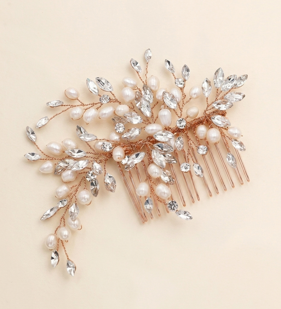 A decorative hair accessory with a combination of pearls, crystals, and metallic wires.