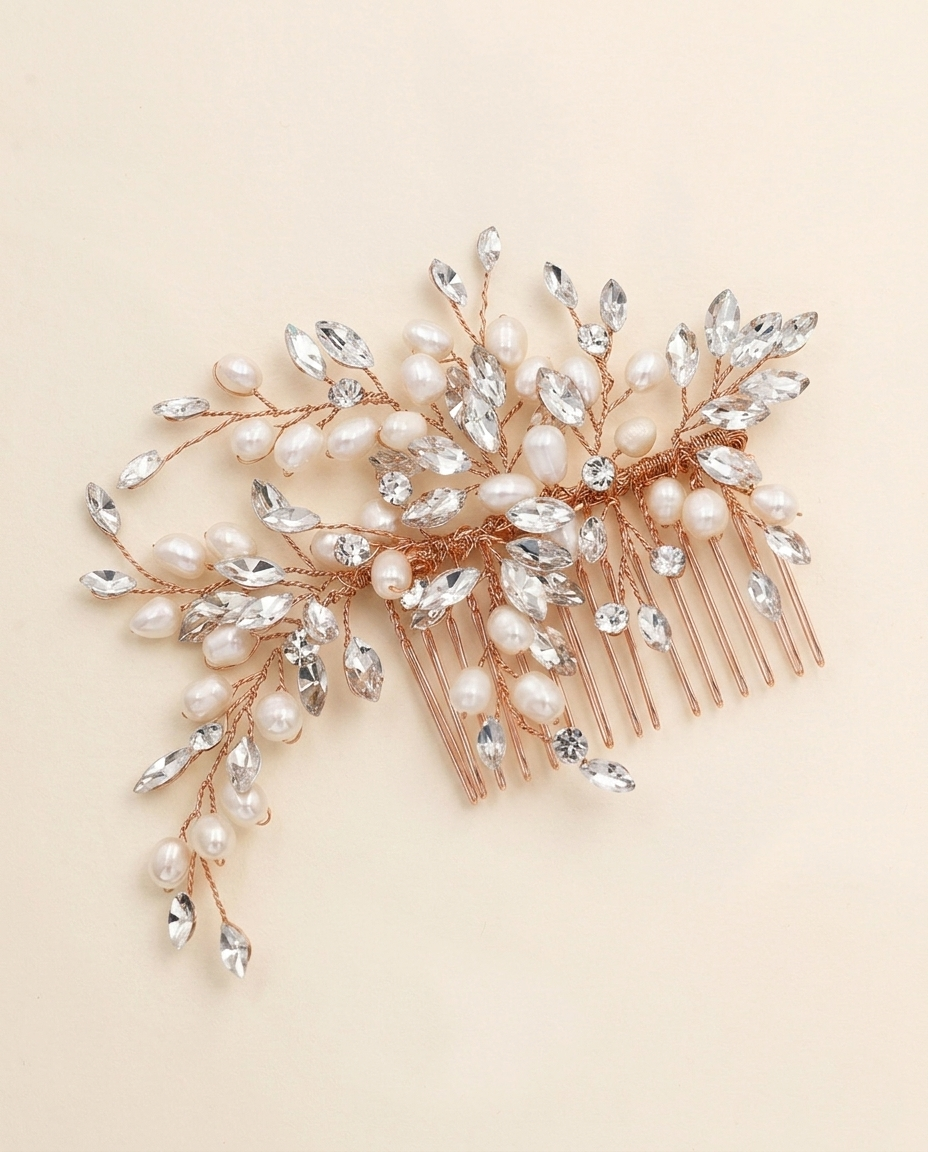 A decorative hair accessory with a combination of pearls, crystals, and metallic wires.