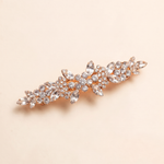 A decorative hair clip adorned with numerous sparkling rhinestones or crystals, creating a visually striking and elegant accessory.