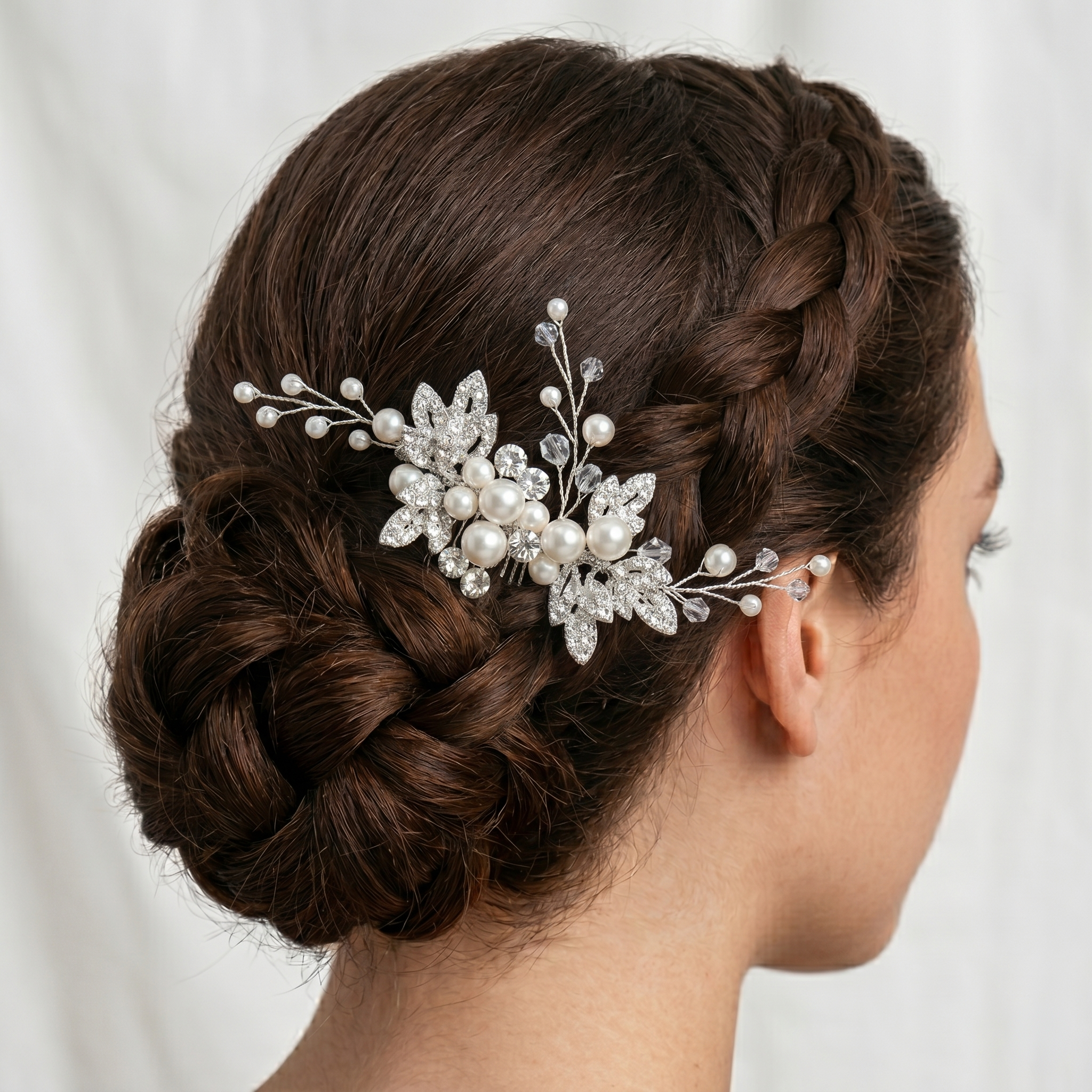A woman's hair styled in a bun with a decorative hair accessory featuring pearls and crystals.