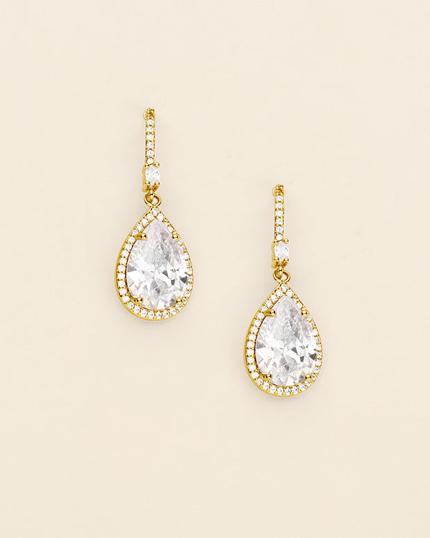 a pair of earrings with a tear shaped diamond