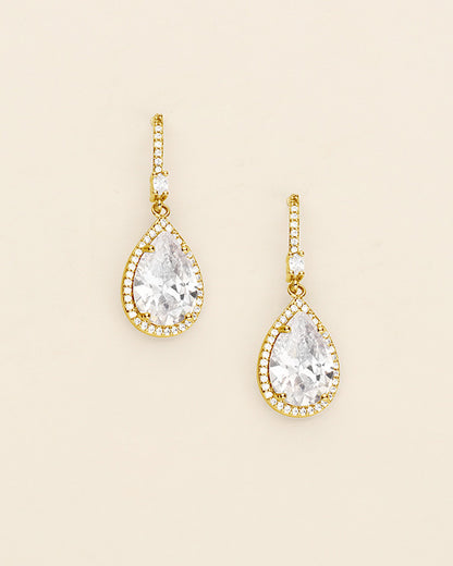 a pair of earrings with a tear shaped diamond