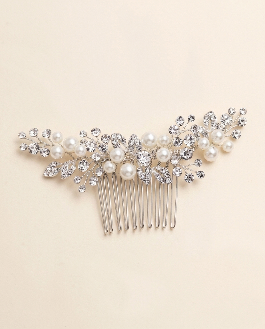 A decorative hair accessory with a comb and pearls.