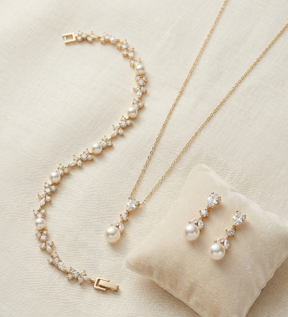 A delicate gold necklace, bracelet, and earrings are displayed on a beige fabric background.