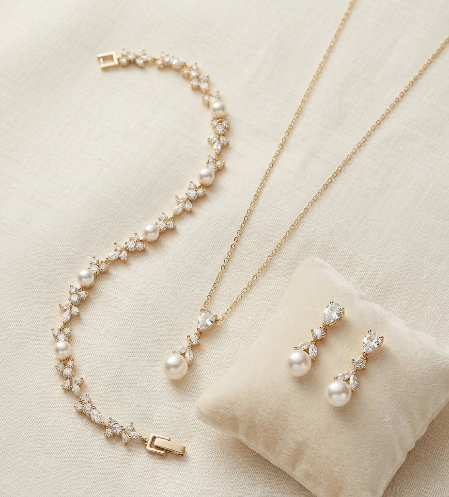 A delicate gold necklace, bracelet, and earrings are displayed on a beige fabric background.