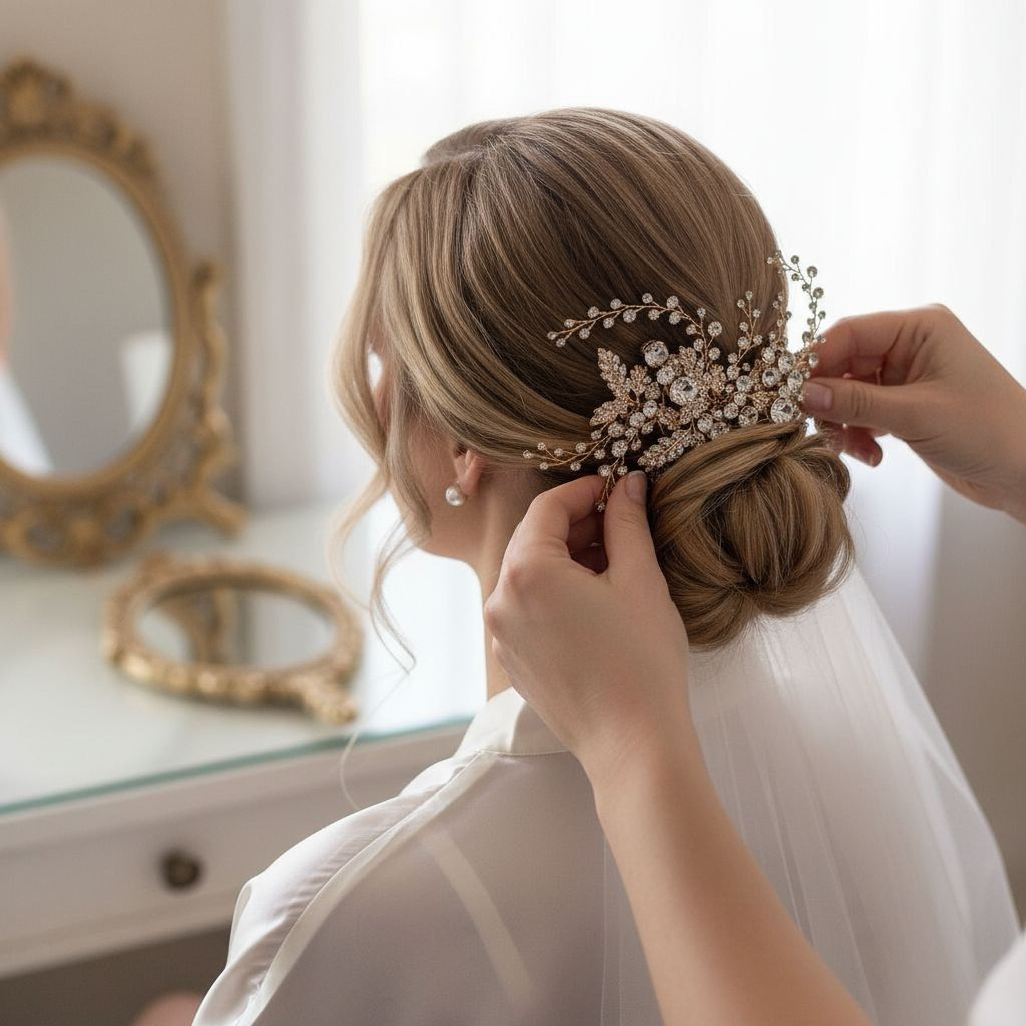 A person is styling a woman's hair with a decorative hairpiece, while the woman is wearing a white dress.