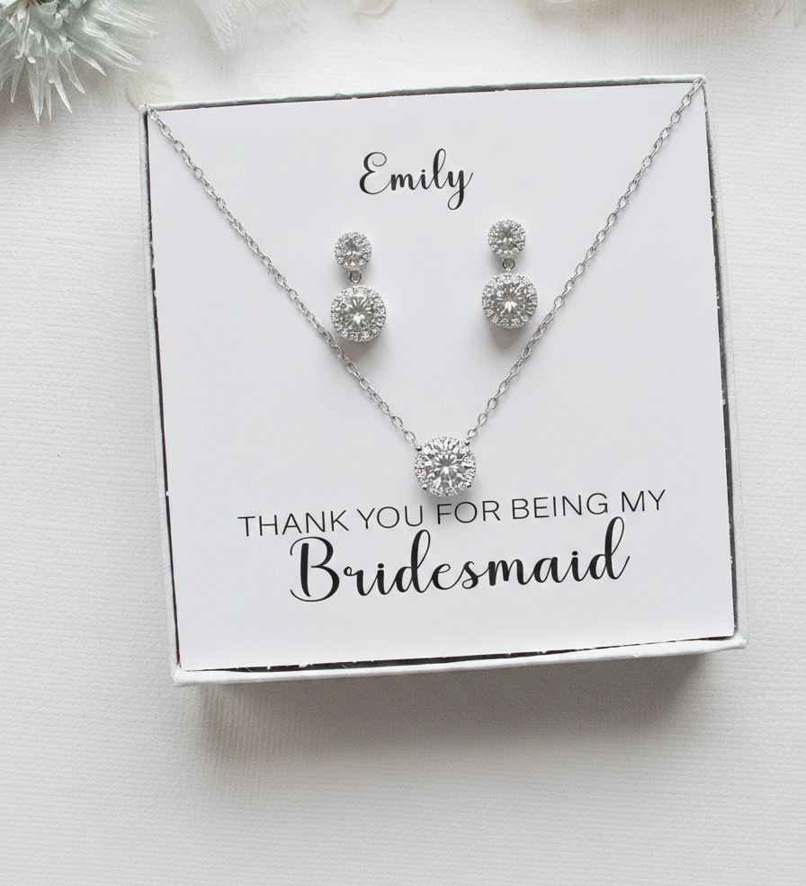 A necklace and earrings set with a personalized message, placed on a white background.