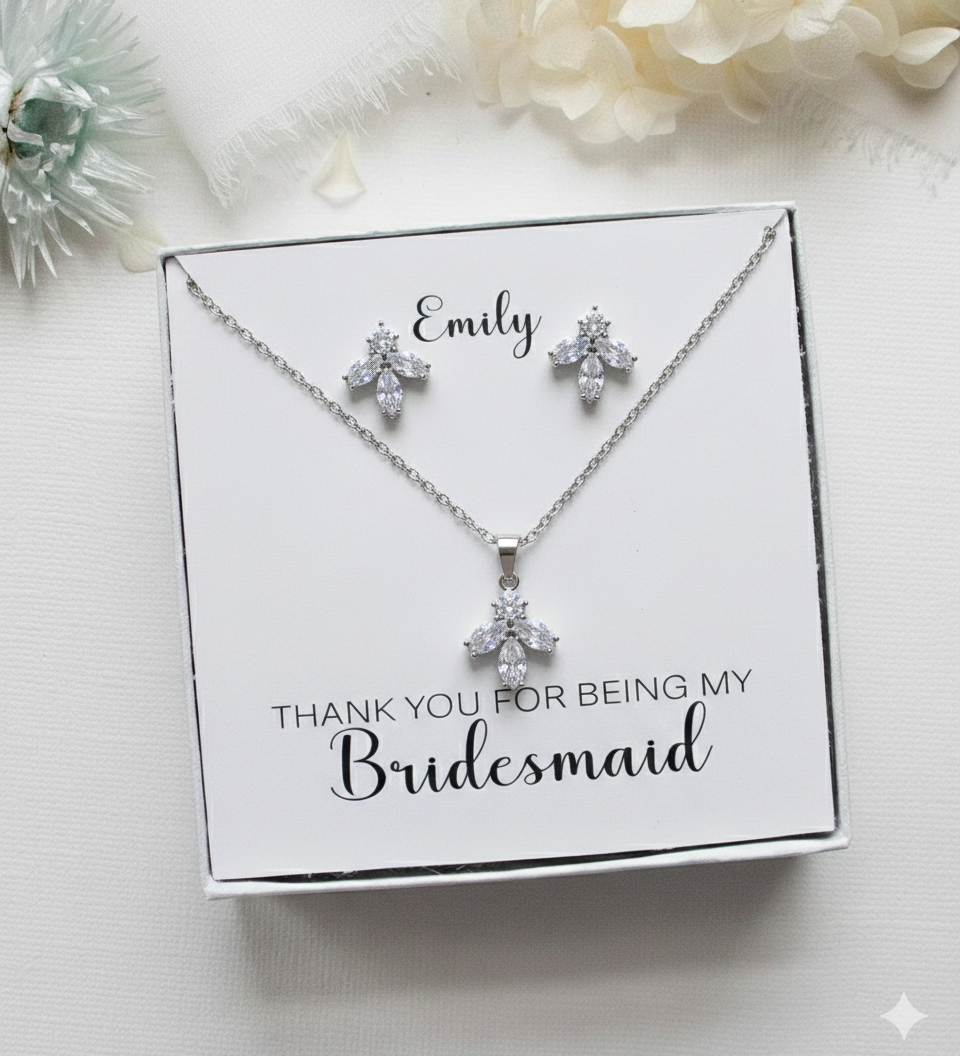 A necklace and earrings set with a pendant, presented in a white box with a personalized message.
