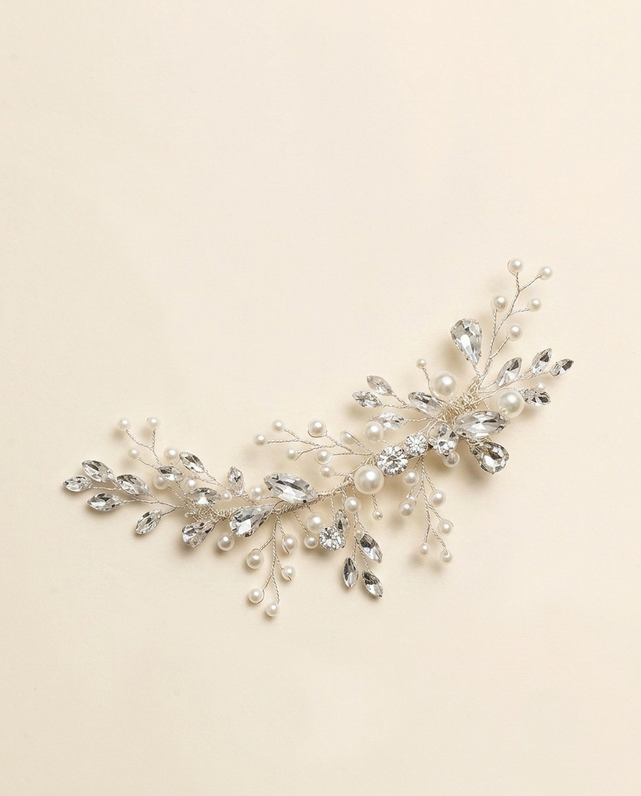 A decorative hair accessory made of silver and crystal elements, including branches and leaves with small pearls.