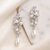 Abigail Silver Floral Bridal Earrings – Pearl-Look Teardrop & Sparkling Leaf Wedding Drops