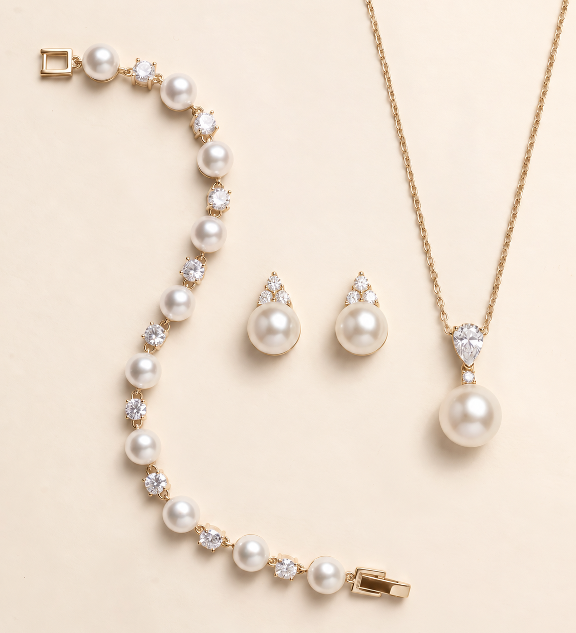 Madelyn gold-tone pearl earrings, necklace and bracelet three-piece set