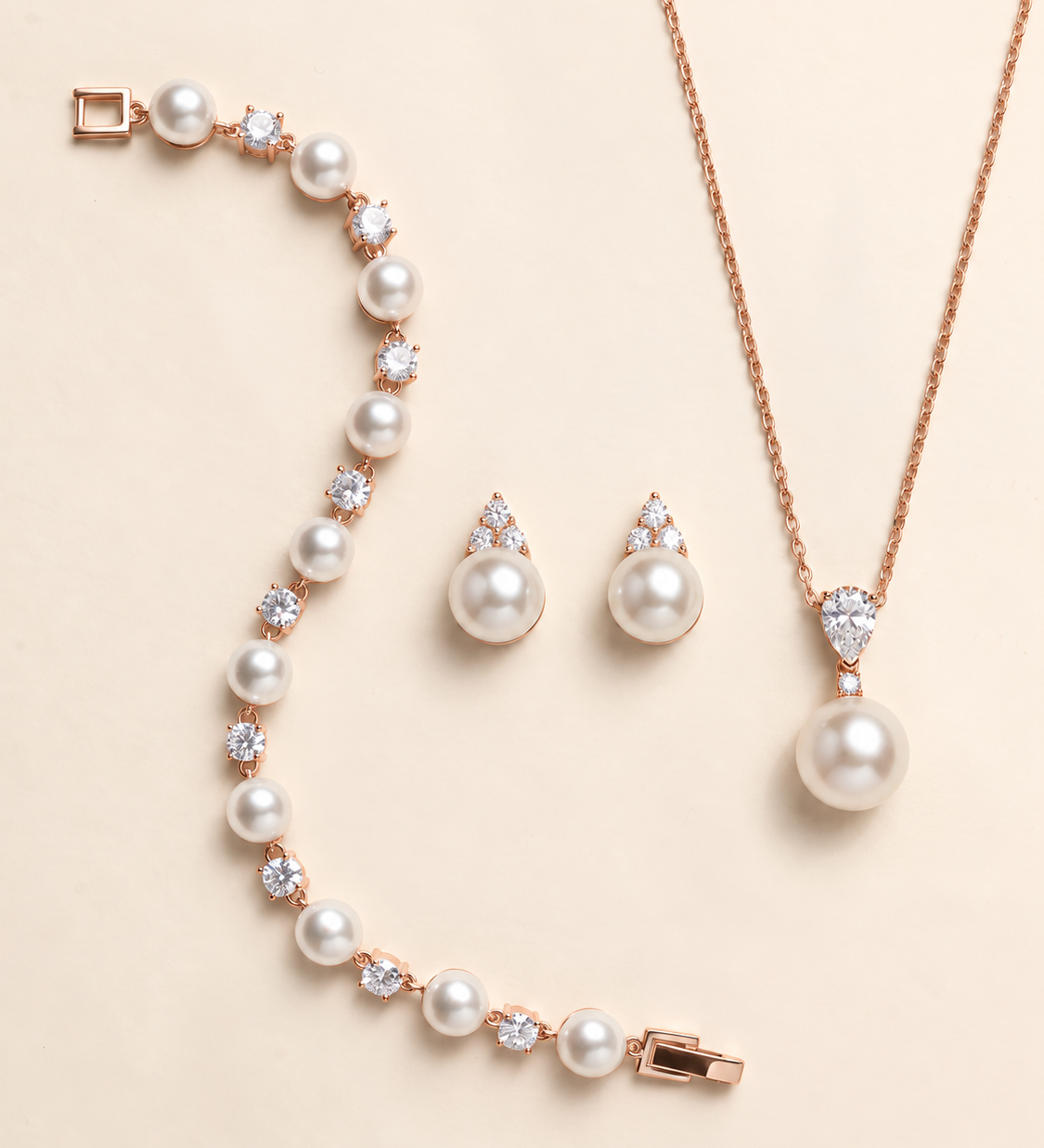 Madelyn rose-gold-tone pearl earrings, necklace and bracelet three-piece set