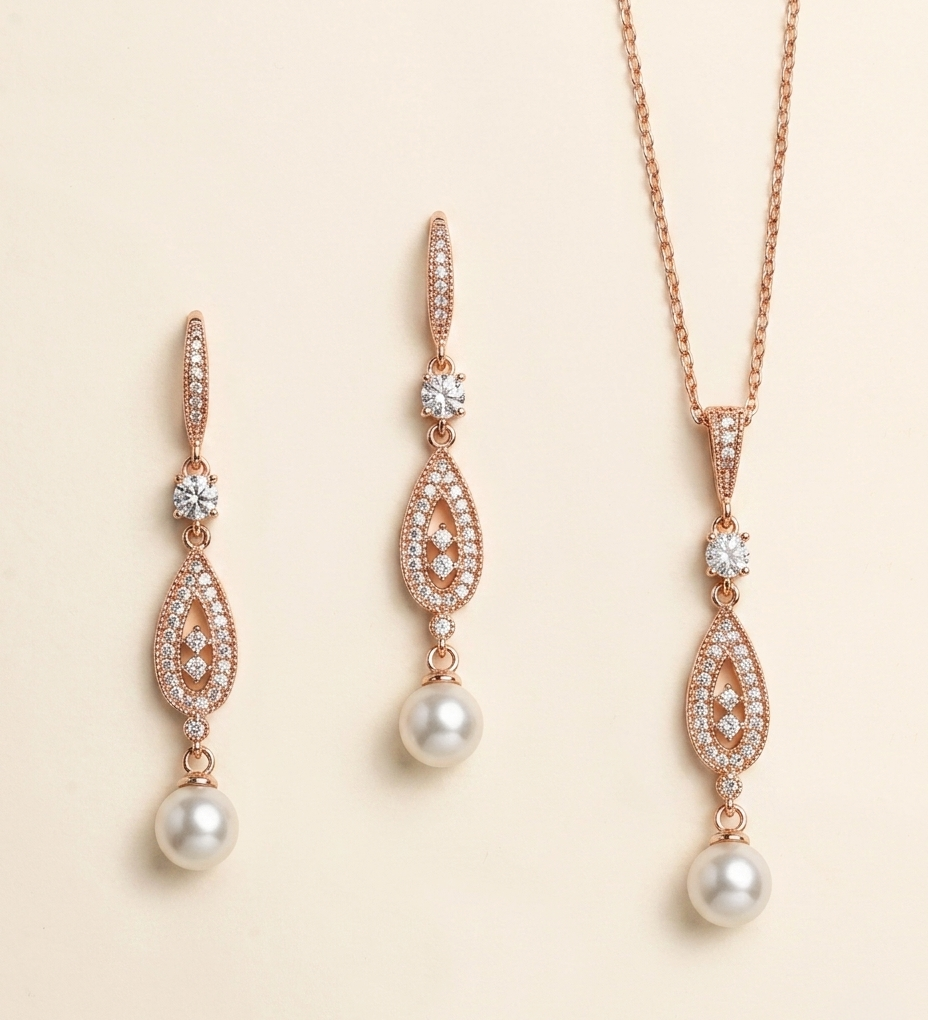a set of elegant jewelry pieces, including earrings and a necklace, featuring a combination of pearls and diamonds.