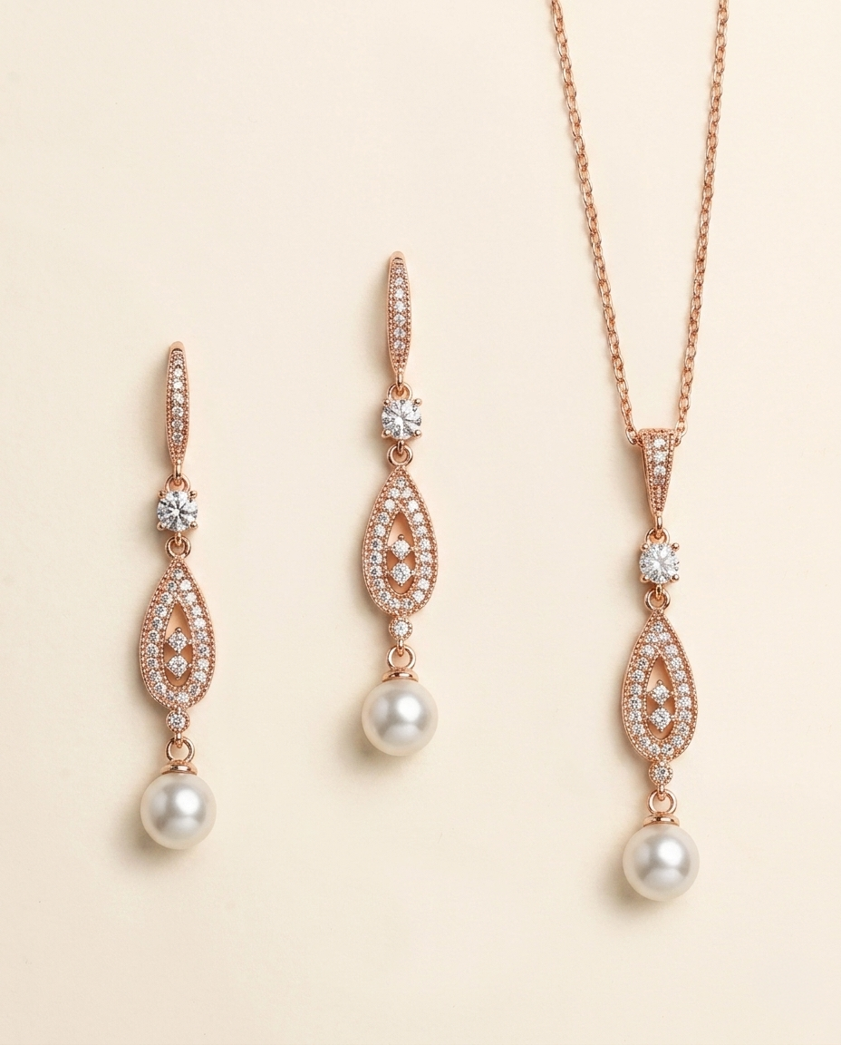 a set of elegant jewelry pieces, including earrings and a necklace, featuring a combination of pearls and diamonds.