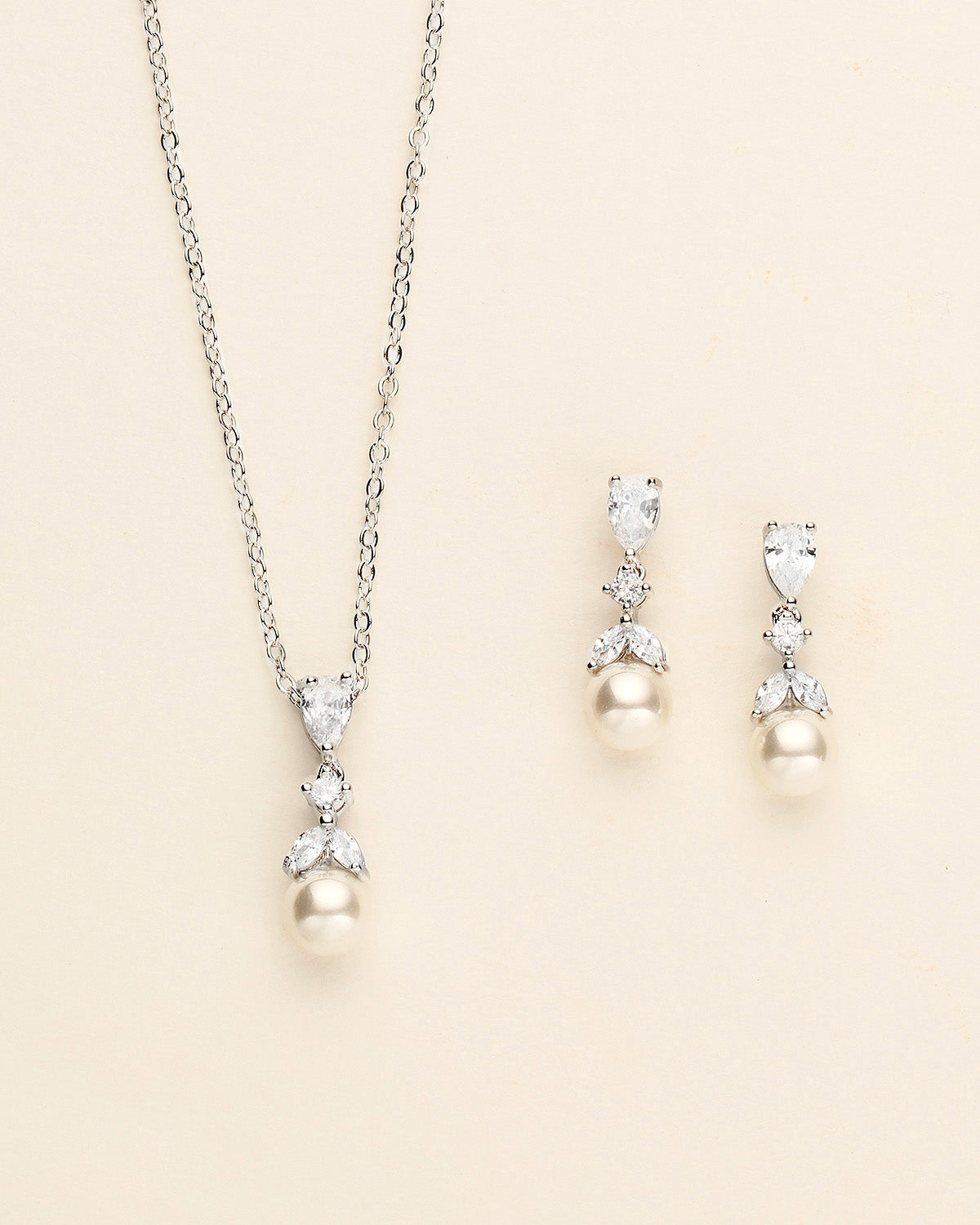 Kathy Bridal Jewelry Set – CZ & Pearl Drop Wedding Necklace & Earrings