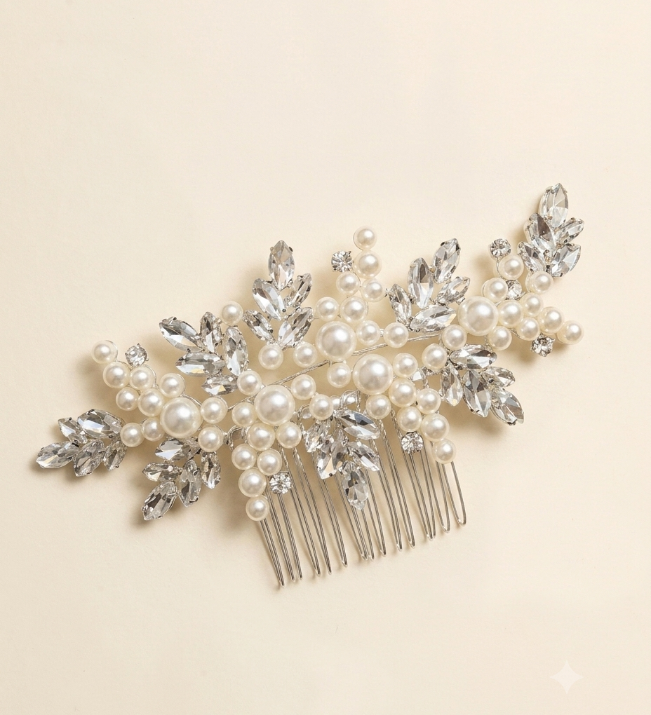 A decorative hair accessory with a comb and numerous small pearls and crystals.