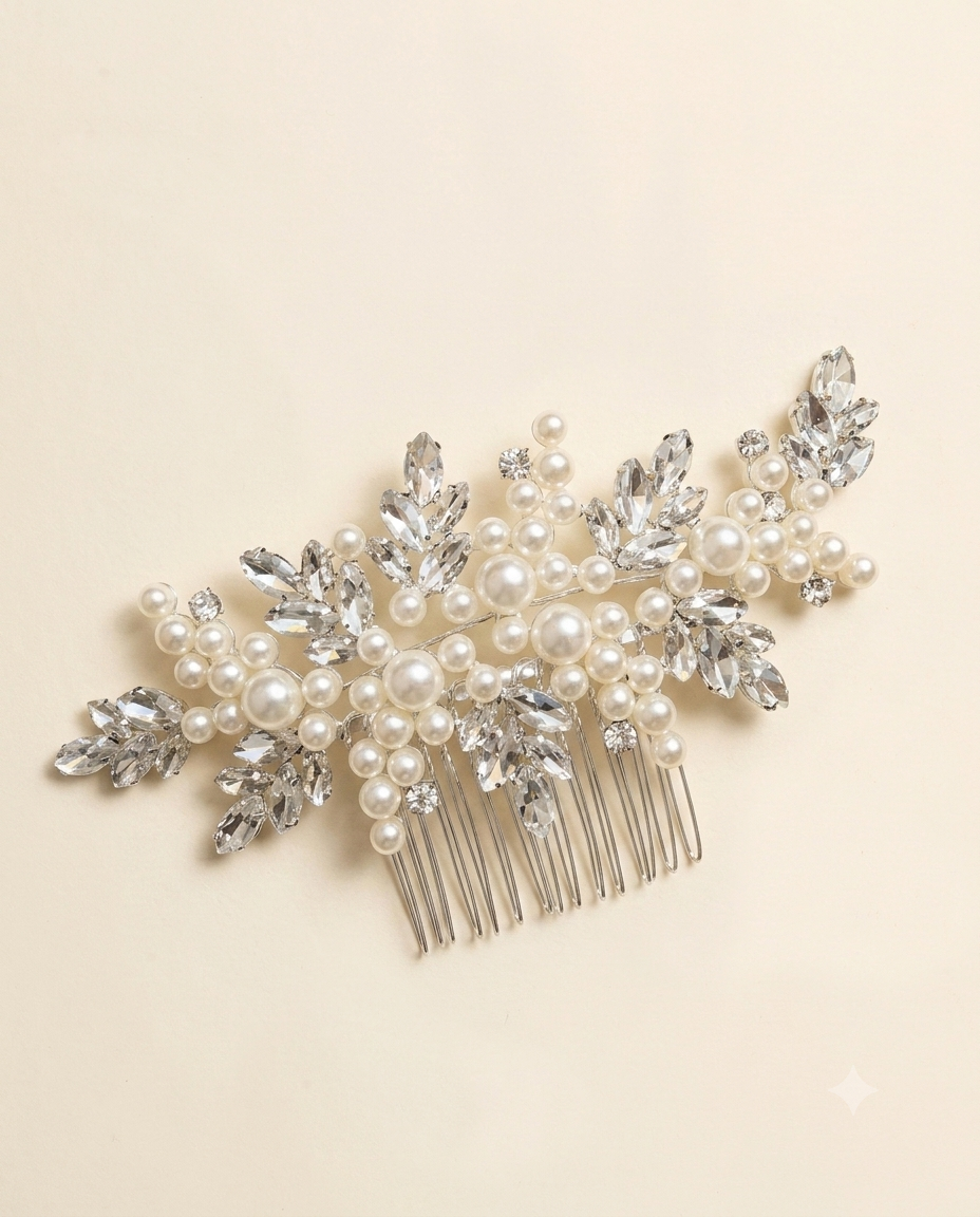 A decorative hair accessory with a comb and numerous small pearls and crystals.