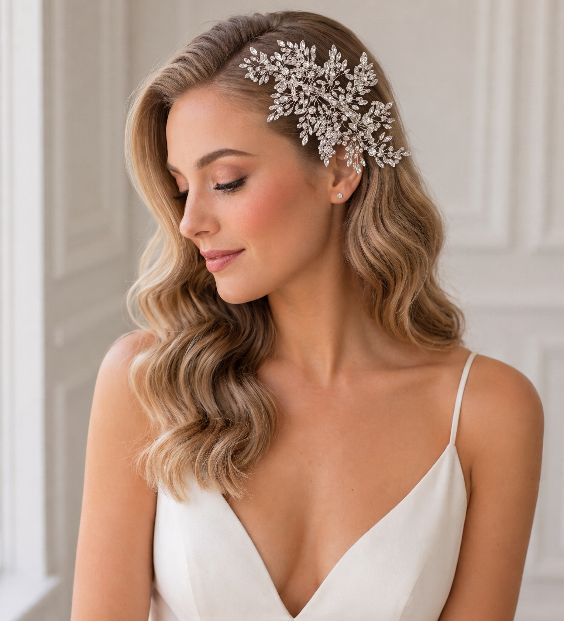 A woman with long, wavy blonde hair wearing a white dress and a decorative headpiece stands in front of a white wall.