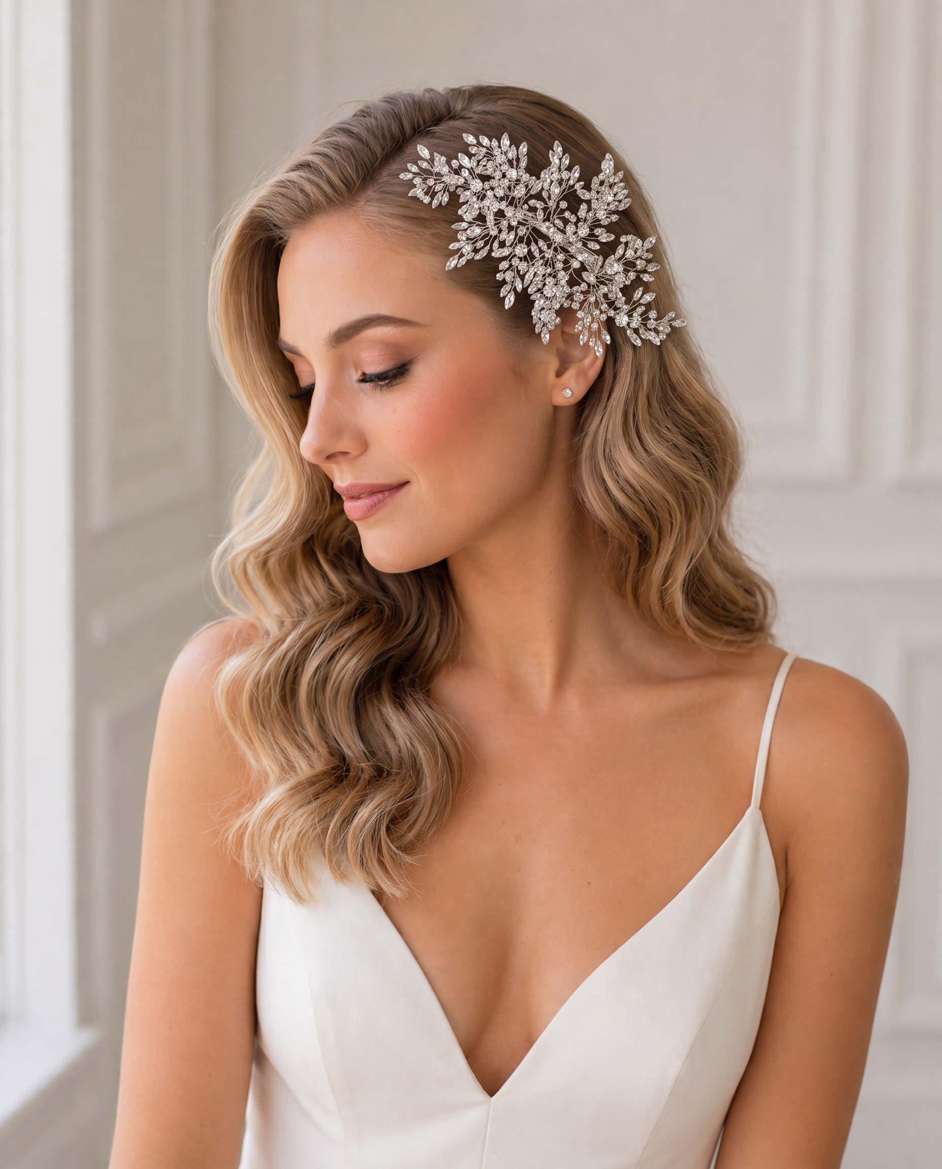 A woman with long, wavy blonde hair wearing a white dress and a decorative headpiece stands in front of a white wall.