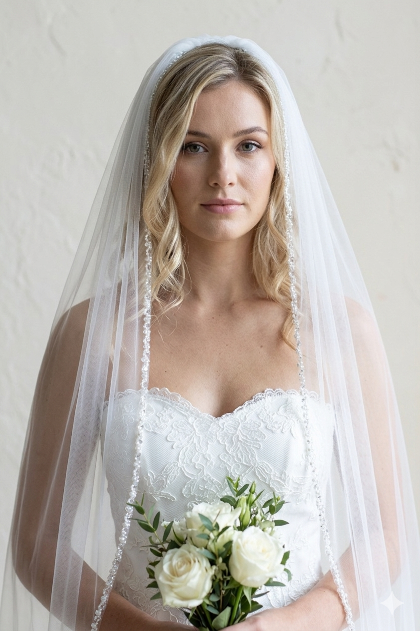 A woman in a white wedding dress holding a bouquet of white roses stands against a plain white background.