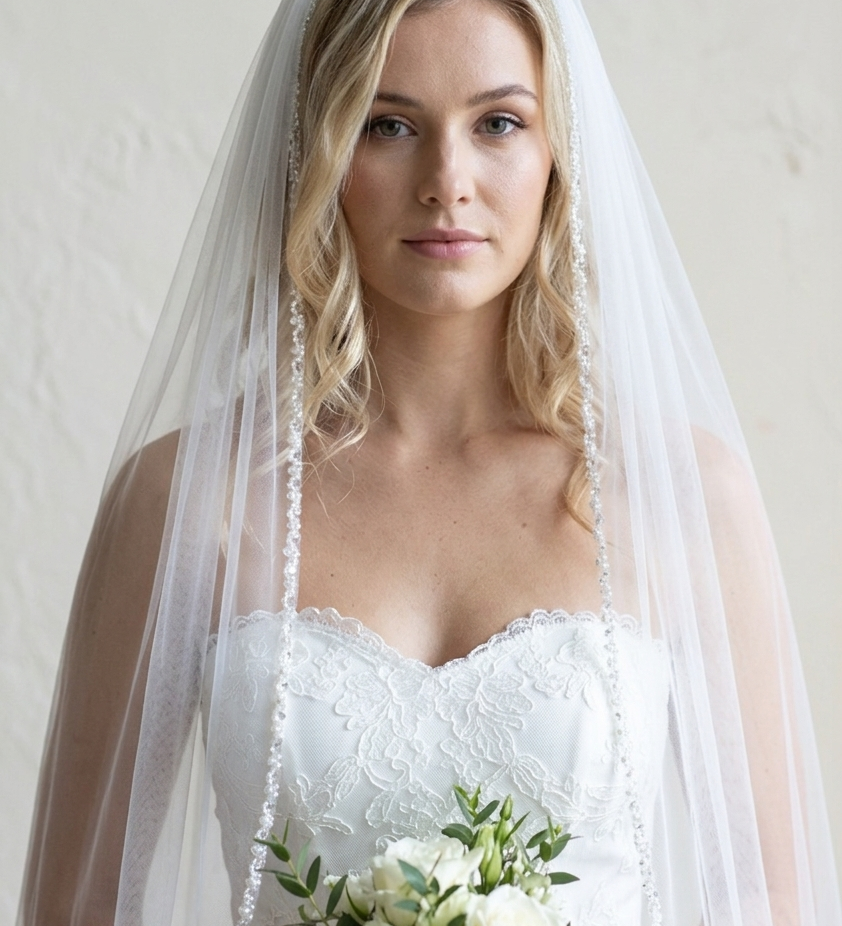 A woman in a white wedding dress holding a bouquet of white roses stands against a plain white background.