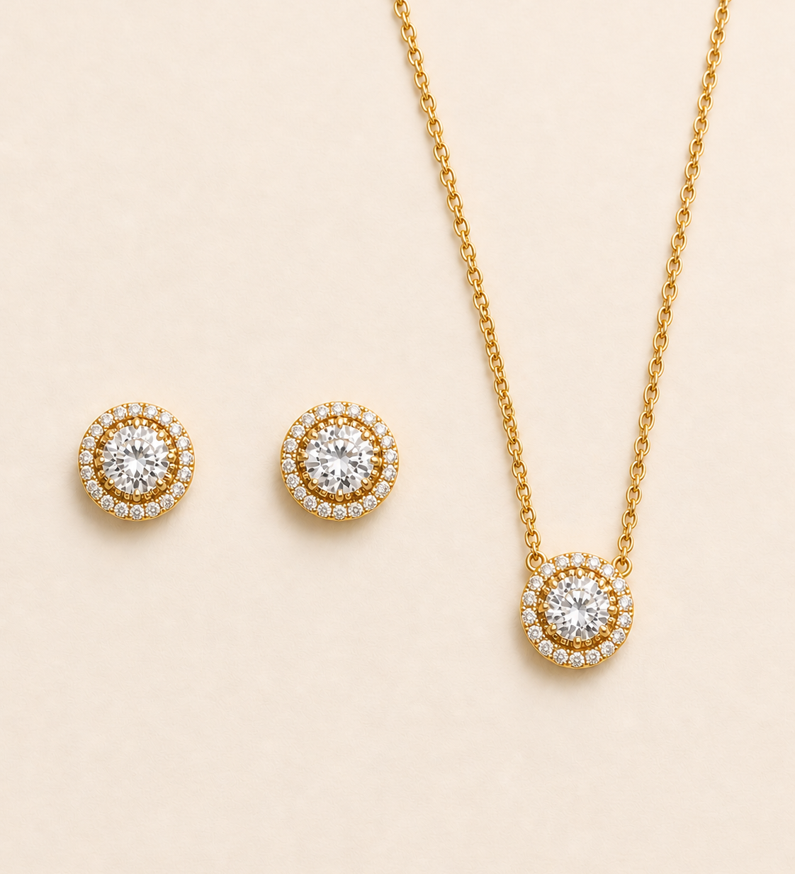 Aubrie Halo CZ Bridal Jewelry Set - Classic Wedding Necklace & Stud Earrings