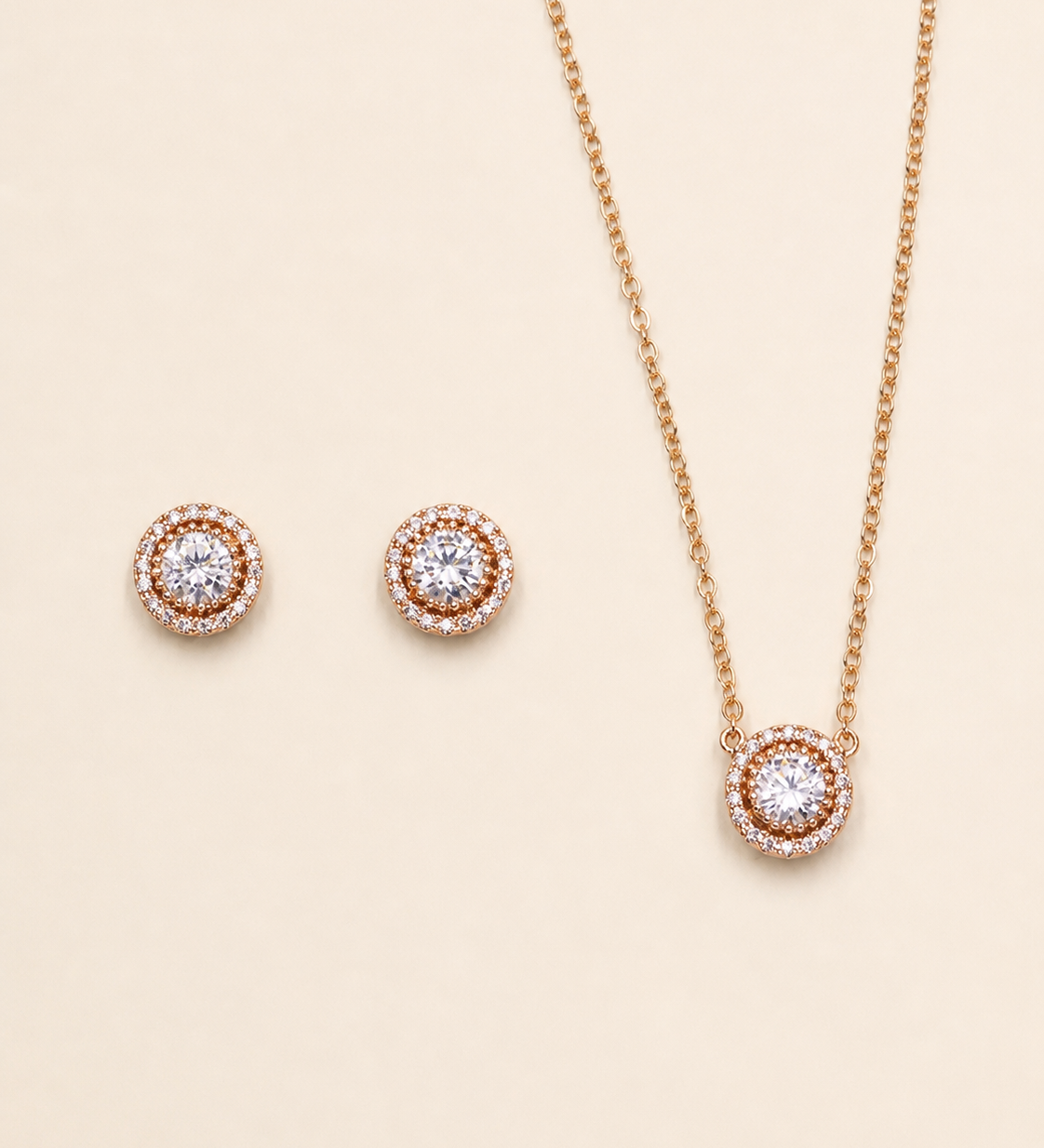 Aubrie Halo CZ Bridal Jewelry Set - Classic Wedding Necklace & Stud Earrings