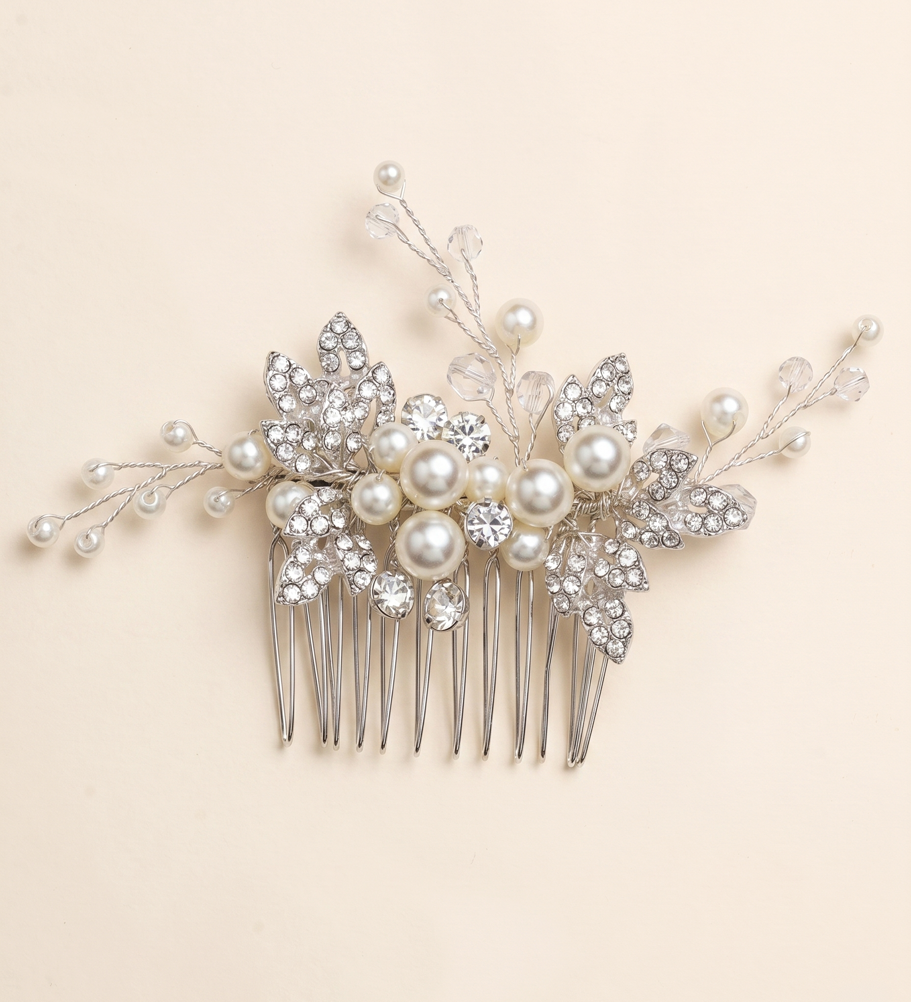 A decorative hair accessory with a floral design and sparkling crystal elements.