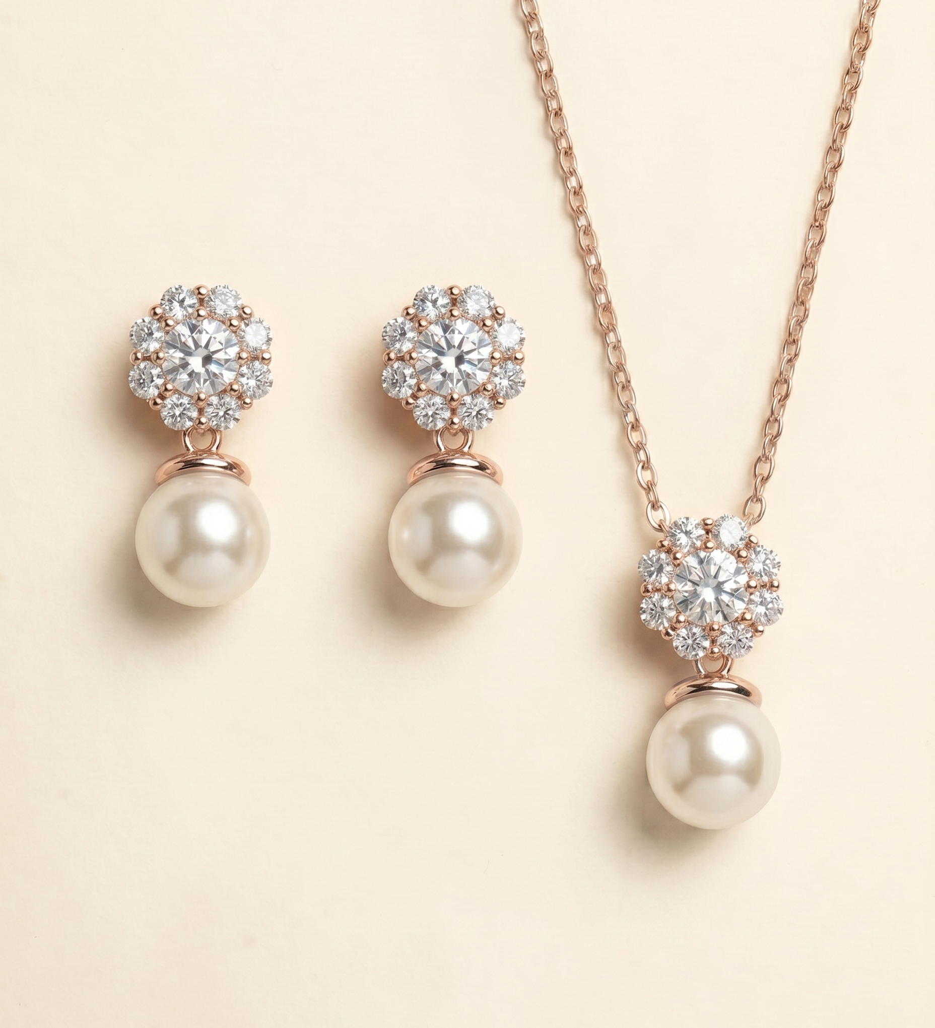 A necklace and earrings set with a delicate floral design and sparkling gemstones.