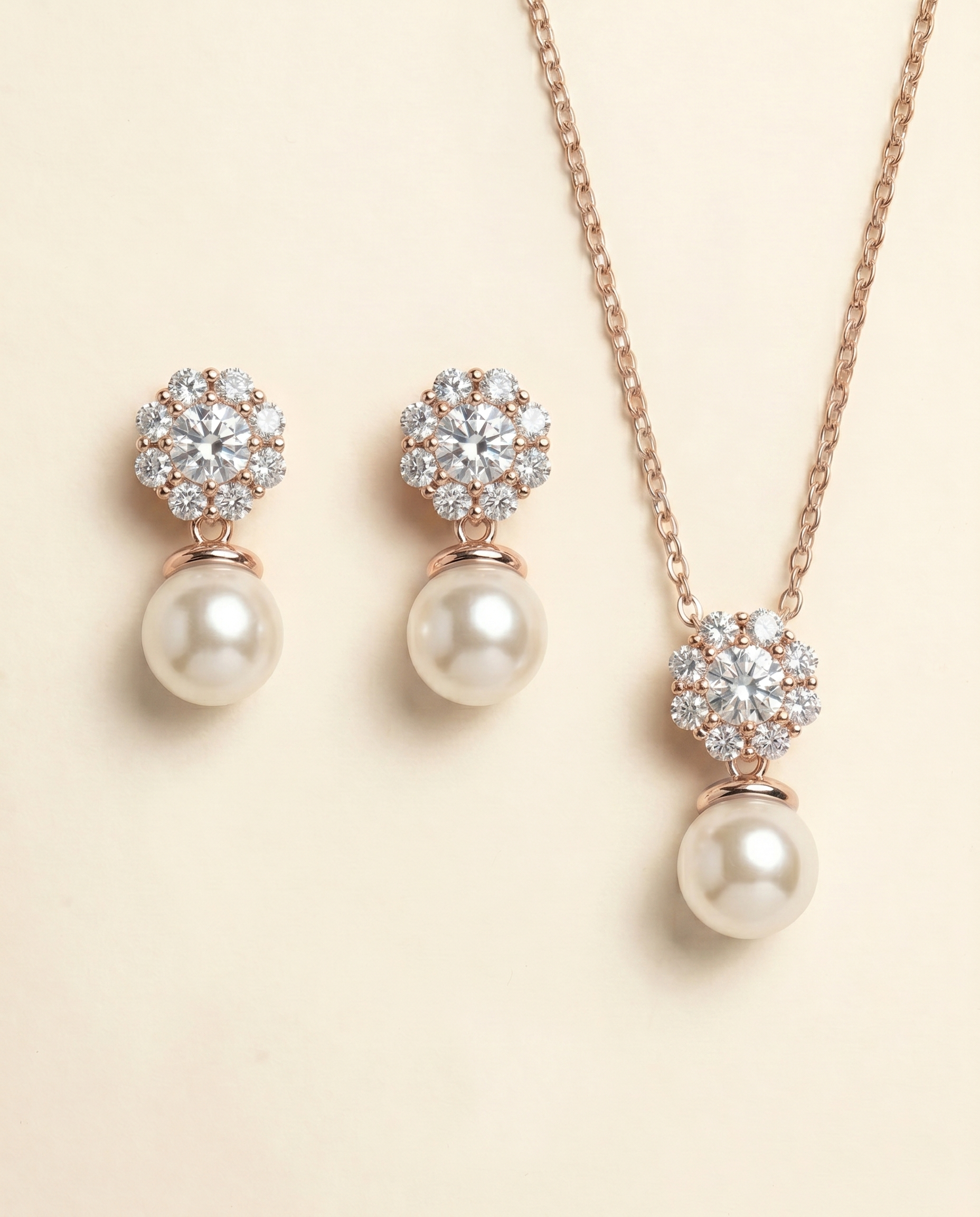 A necklace and earrings set with a delicate floral design and sparkling gemstones.
