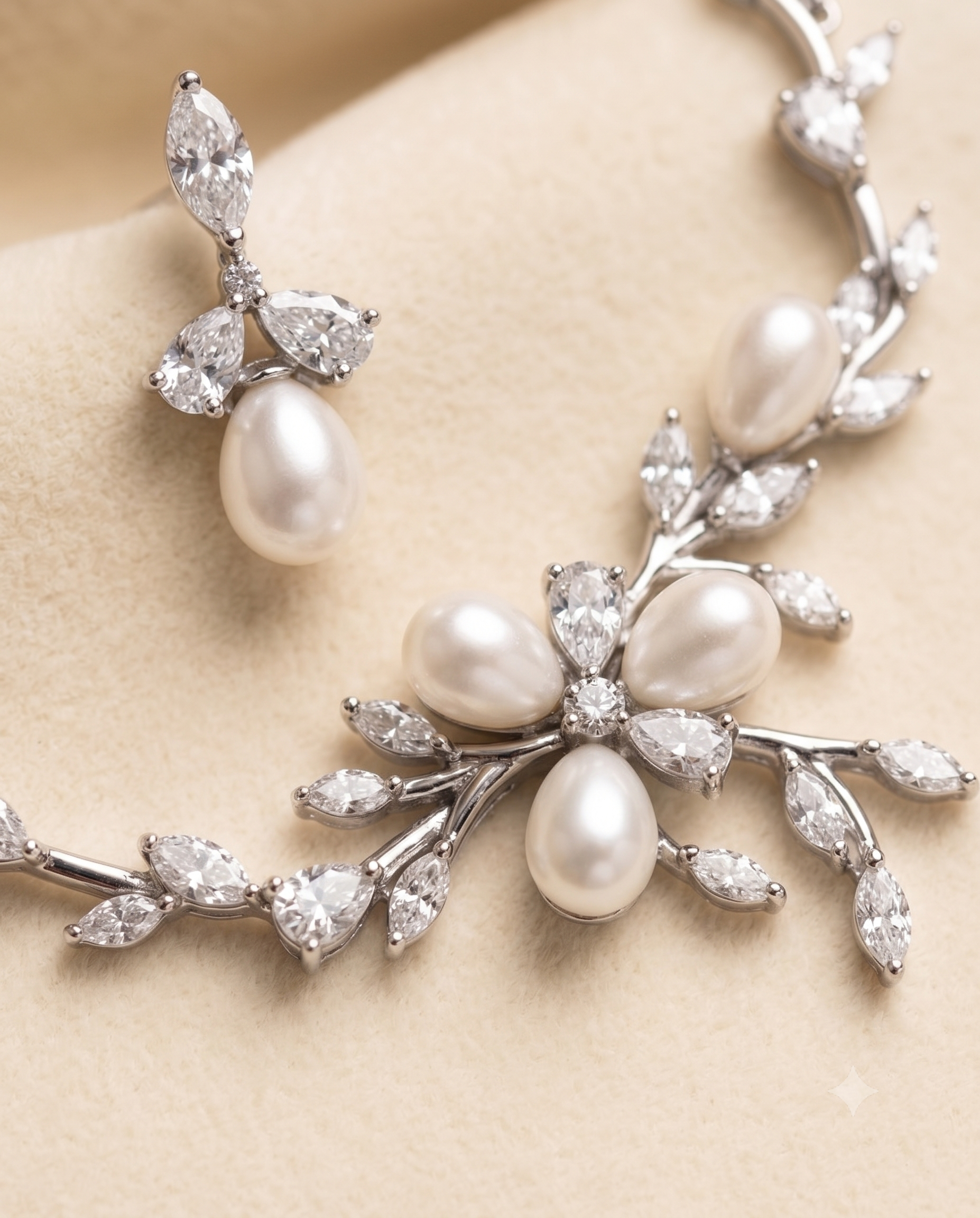 A close-up image of a delicate necklace and earrings set, featuring a combination of pearls and diamonds.