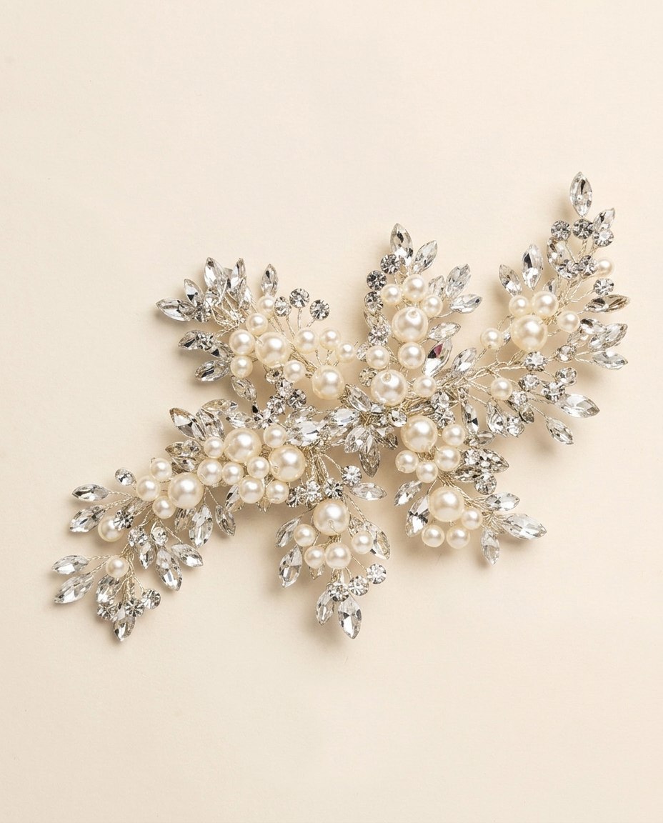 A decorative piece of jewelry with a combination of pearls, crystals, and leaves.