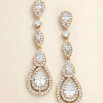 A pair of elegant gold earrings adorned with numerous sparkling diamonds.